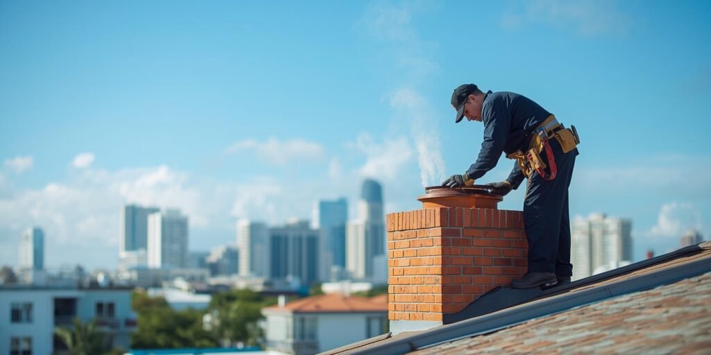 a professional, modern website cover image featuring a skilled chimney sweep in uniform working on a rooftop chimney, with the miami city skyline in the background.
