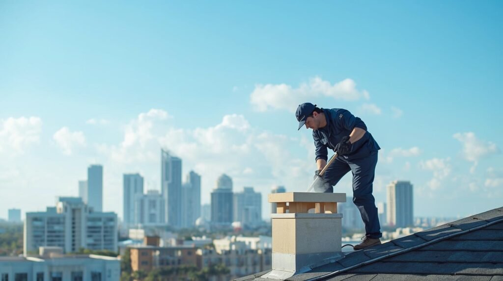 professional chimney sweep in uniform working on a rooftop chimney