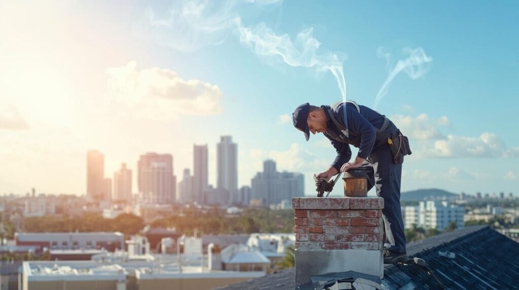 skilled chimney sweep in uniform working on a rooftop chimney